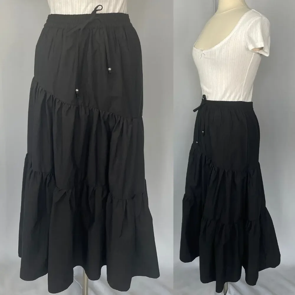 Tiered Broomstick Midi Skirt Size Medium Black Solid Fairy Whimsigoth Boho Goth